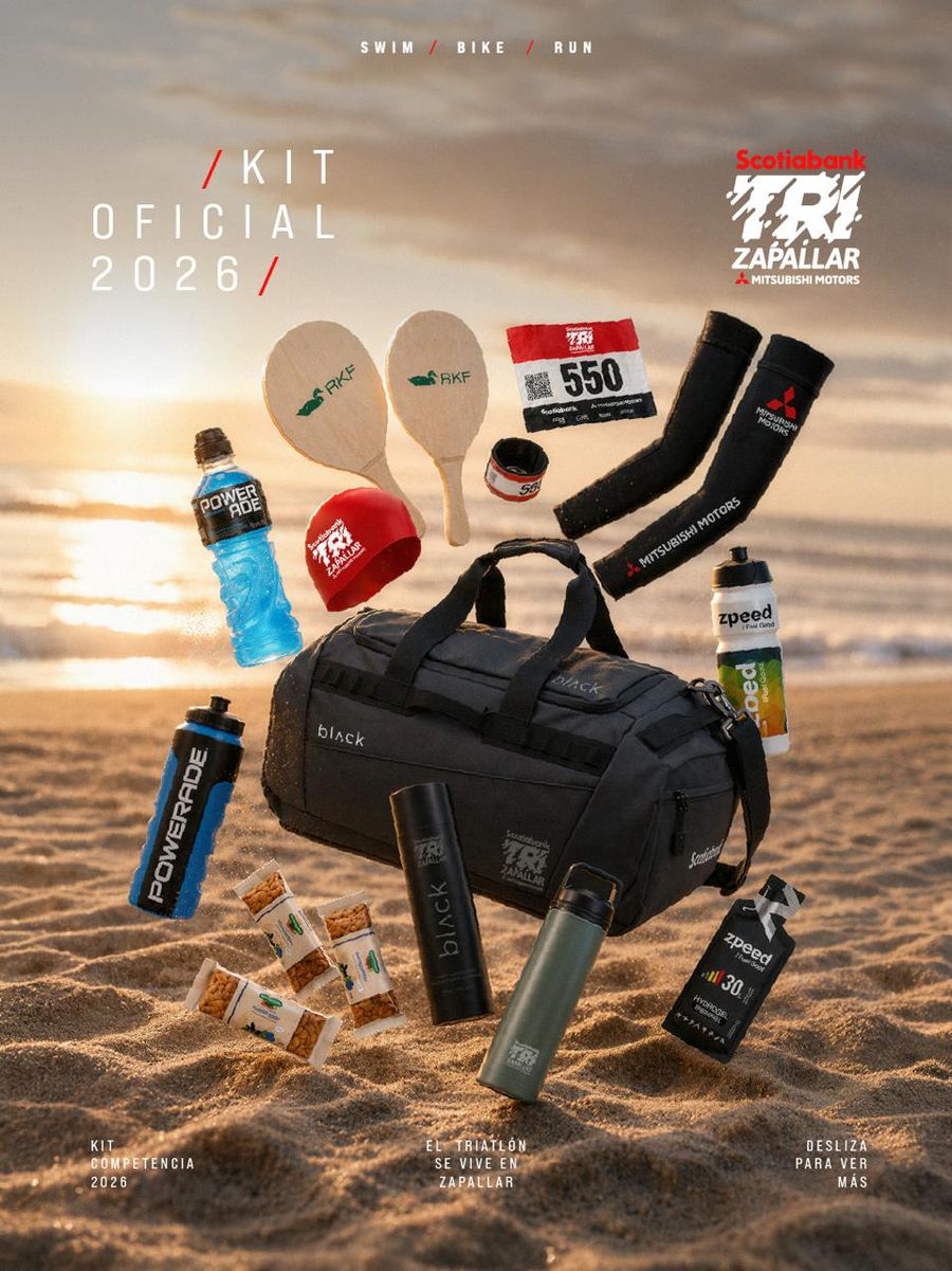 Kit oficial Triatlón 2026 con bolso, botella Black y gorro Scotiabank